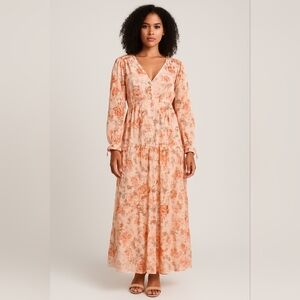 OZBLUE Floral Maxi Dress Pink Peach Long Sleeve Button Front Size M